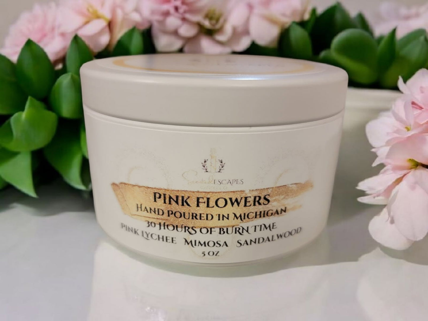 Pink Flowers 5oz Wooden Wick Candle